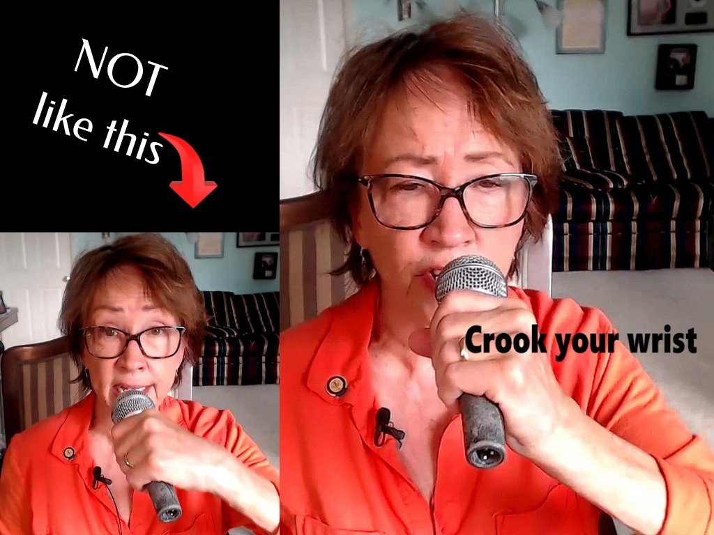 Woman showing ways to position wrist when singing while holding a mic