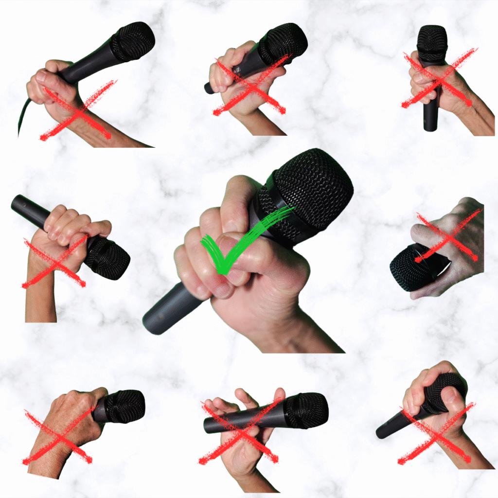 Different ways to hold a live microphone that enable or sabotage vocal ability.